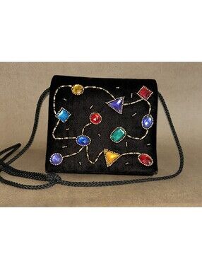 Ann Taylor Vintage Black Velvet & Beaded Handbag - Red Lining